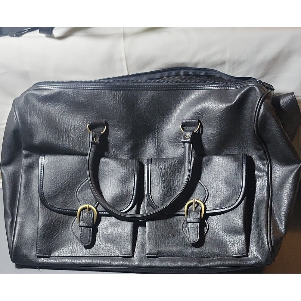 Black Faux Leather Solid Duffle Bag 18" Unisex Adjustable Shoulder Strap